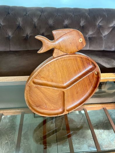 Vintage Teak Mid Century Divided Serving Platter Carved Handle Retro Stylised Fish
