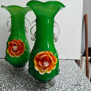 Pair of Murano style 11 inch green glass floral vases