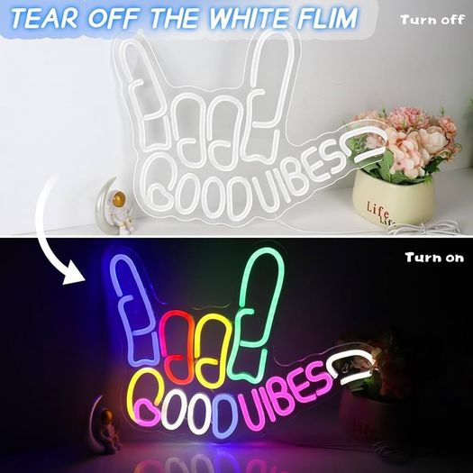 Good Vibes Neon Sign, Dimmable Gesture Neon Signs With Switch, Colorful USB Powered LED Light Up Signs for Wall Decor, Game Room, Bedroom, Party Club Decor