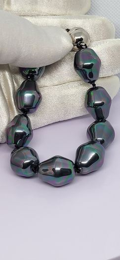 Peacock Color Shell Pearl Bracelet (Size - 8) in Rhodium Overlay Sterling Silver