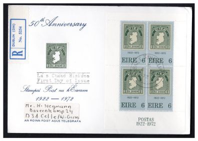 1972 Ireland Stamp Anniversary Miniature Sheet Addressed Registered Post First Day Cover (FDC)