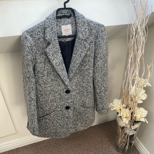 Clockhouse Black & White Speckled Tweed Wool Blend Blazer Jacket - Size 36