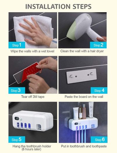 UV Smart Toothbrush Holder Rechargeable Wall Mounted Toothpaste Dispenser with Sterilizer Functio