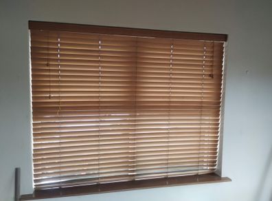 Venetian Timber Blind Honey in colour.