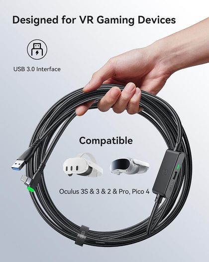 INIU 5M VR Link Cable with Separate Charging Port, USB 3.0 to USB C Cable for Meta Quest 3s 3 2 1 Quest Pro, Pico 4, Steam VR, Gaming PC, High Speed Data Transfer for Virtual Reality Headset - Black