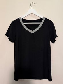 Black V Neck T Shirt Top With Grey Size S!