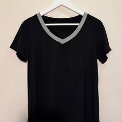 Black V Neck T Shirt Top With Grey Size S!