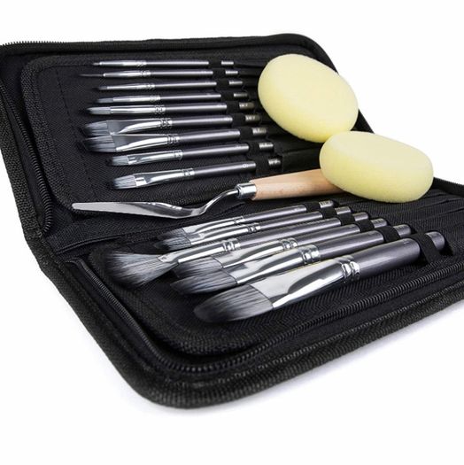 15 pcs Paint Brush Set for Acrylic Oil Watercolour Gouache Painting Includes Pop-up Carrying Case with Palette Knife and 2 Sponges