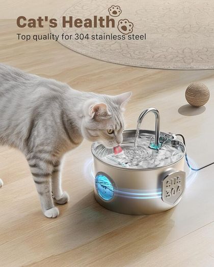 Cat Water Fountain for Drinking: Stainless Steel Cat Fountain - 2.2L Water Fountain Cat Bowl - Pet Water Fountain - Cat Drinking Fountain - Visible Water Level Cat Water Dispensers