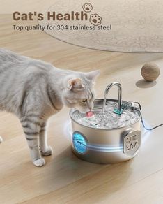 Cat Water Fountain for Drinking: Stainless Steel Cat Fountain - 2.2L Water Fountain Cat Bowl - Pet Water Fountain - Cat Drinking Fountain - Visible Water Level Cat Water Dispensers