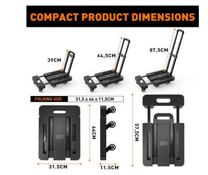 Folding Hand Truck, 6 Wheels Fold Up Hand Cart with 2 Elastic Ropes, Portable 225KG Capacity Heavy Duty Luggage Cart