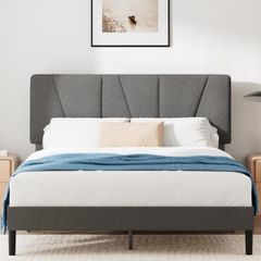 Double Bed Frame with Headboard 4ft6 135 x 190 cm 11.8 Height Upholstered Bed Base Wooden Slat Support Easy Assembly Dark Grey