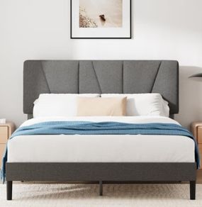 Double Bed Frame with Headboard 4ft6 135 x 190 cm 11.8 Height Upholstered Bed Base Wooden Slat Support Easy Assembly Dark Grey