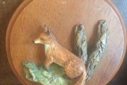 Vintage 1990s Teak wall plaque with 3D ornamental fox - Artist Ryanhart