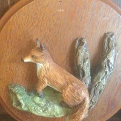 Vintage 1990s Teak wall plaque with 3D ornamental fox - Artist Ryanhart