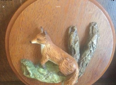 Vintage 1990s Teak wall plaque with 3D ornamental fox - Artist Ryanhart