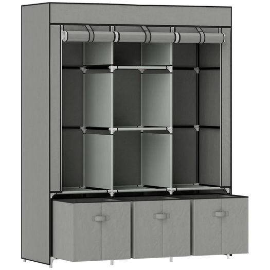 Foldable Fabric Wardrobe for Bedroom, Portable Wardrobe with 5 Shelves, 2 Hanging Rails and 3 Fabric Drawers, Light Grey