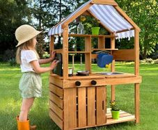 Mud Kitchen for Kids Outdoor, Kids Kitchen Playset with Canopy, Gardening Tools, Chalkboard, Flower Pot, Cookingware, Removable Water Tank, for Boys and Girls 3+, Solid Fir Wood