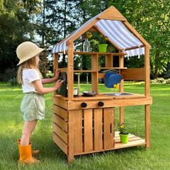 Mud Kitchen for Kids Outdoor, Kids Kitchen Playset with Canopy, Gardening Tools, Chalkboard, Flower Pot, Cookingware, Removable Water Tank, for Boys and Girls 3+, Solid Fir Wood
