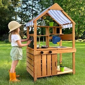 Mud Kitchen for Kids Outdoor, Kids Kitchen Playset with Canopy, Gardening Tools, Chalkboard, Flower Pot, Cookingware, Removable Water Tank, for Boys and Girls 3+, Solid Fir Wood