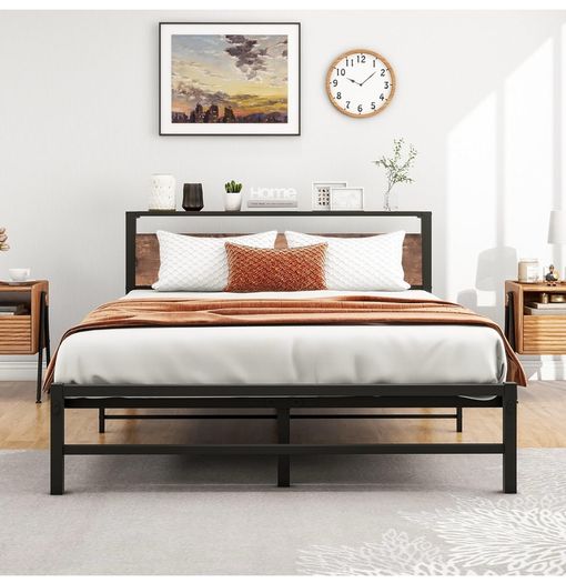 5ft King Metal Platform Bed Frame with Wooden Storage Shelf