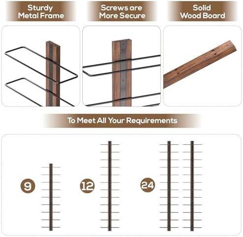 Wall Wine Rack for 9 Bottles, Metal Black & Wood Look - Hanging for Wall Mounting, Bottle Rack for Wine