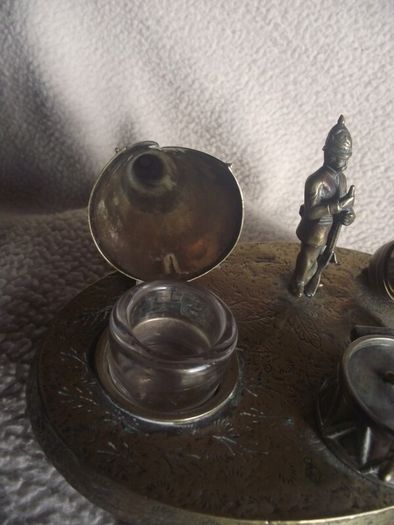 Victorian Brass Inkwell Desk Set - Military Theme - Lozenge Mark 13th January 1883