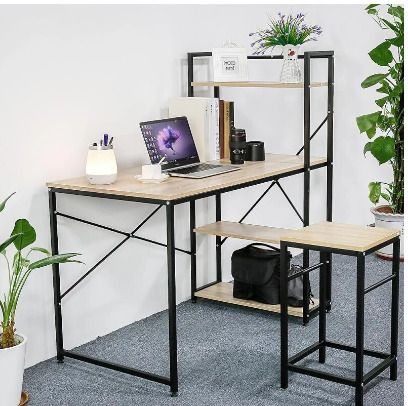 BRAND NEW Modern Style Computer Desk with 4 Tiers Bookshelf for Home Office Studying Living Room Furniture