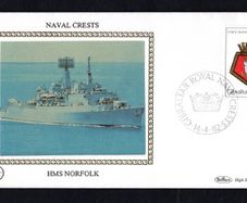 1981 Gibraltar Benham Silke Cover showing Naval Crests HMS Norfolk tying 15 1/2p H.M.S. "Norfolk" Commemorative stamp