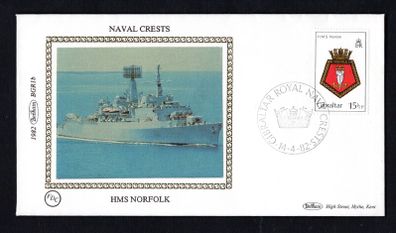 1981 Gibraltar Benham Silke Cover showing Naval Crests HMS Norfolk tying 15 1/2p H.M.S. "Norfolk" Commemorative stamp