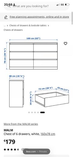 MALM Chest of 6 drawers, white, 160x78 cm WHITE