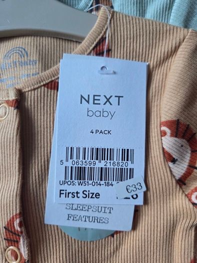 First Size (Newborn), With Tags 4 Next Animal Print Sleepsuits