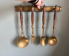 French vintage solid brass and wooden kitchen utensils