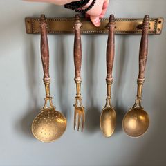 French vintage solid brass and wooden kitchen utensils