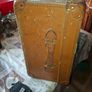 Vintage Hard Travel Suitcase, 1940s to 1950s, featuring a rigid textured brown exterior, metal corner guards, and a molded carry handle, Measurements are in the photo's, Postage Available or Collection Image 3