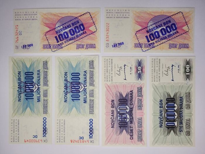 Bosnia - Herzegovina  100,000-100.000,000 Dinara, 1992-1994, 6 notes