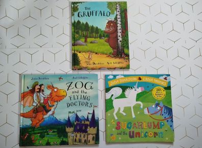 Julia Donaldson books: The gruffalo, Zog and the flying doctors, sugarlump and the unicorn