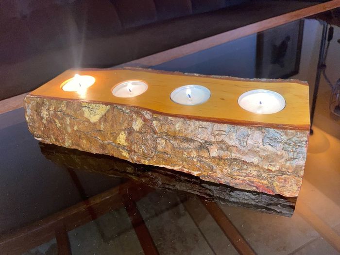 Stunning Rustic Live Edge Pine Wood Tea Light Holder Yule Log Waxed and Sealed