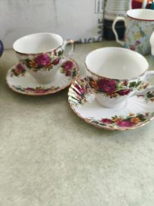 VTG Washington Ironstone Pottery English Rose 2 Cup and Saucers Plate Floral Gilt