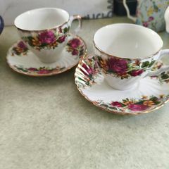 VTG Washington Ironstone Pottery English Rose 2 Cup and Saucers Plate Floral Gilt