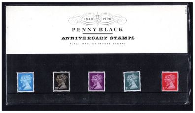 1990 Great Britain Penny Black Anniversary Stamps featuring portrait of Queen Victoria and Queen Elizabeth II Presentation Pack