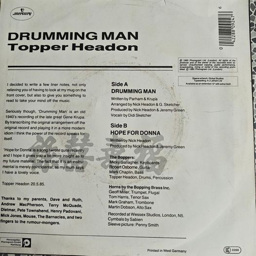 Topper Headon, Drumming Man,  German  PS 7"s The Clash