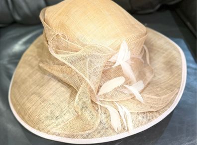 Yellow Wide Brim Natural Fibre & Feathers Statement Occasion Hat