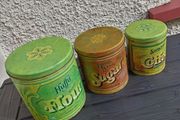 Tree vintage cans + vintage strawberry tin Potpourri Press USA