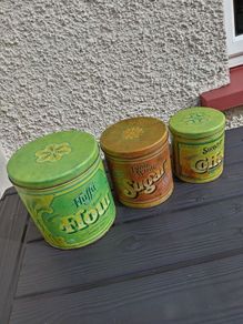 Tree vintage cans + vintage strawberry tin Potpourri Press USA