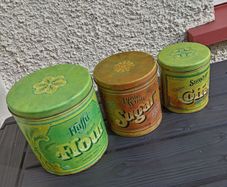 Tree vintage cans + vintage strawberry tin Potpourri Press USA