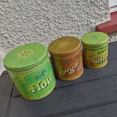 Tree vintage cans + vintage strawberry tin Potpourri Press USA