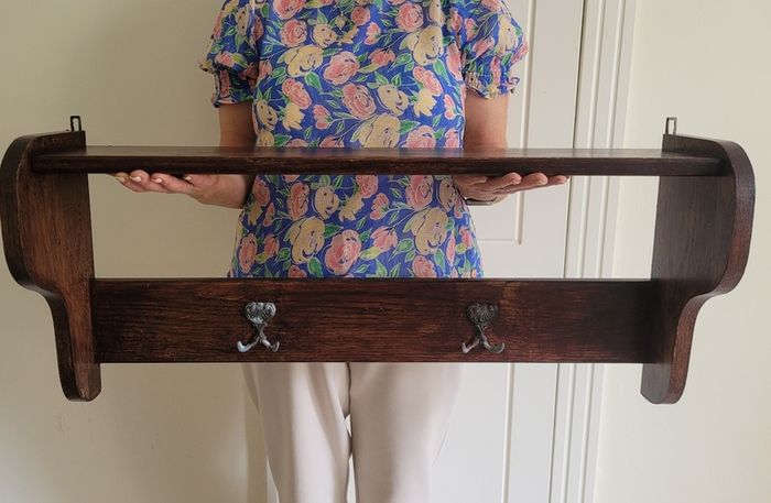 Antique Oak Wall Shelf with Brass Hooks Irish Made