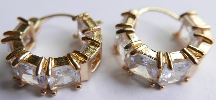 Vintage Gold Plated Huggie Hoop Earrings Cubic Zirconia Stones