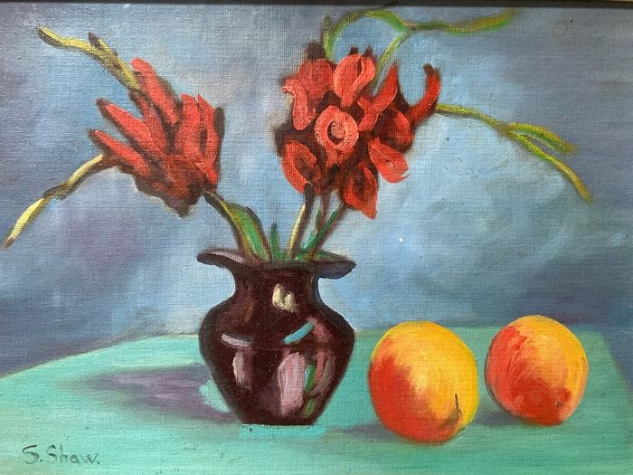 picture This mid-20th-century floral and fruit still life painting is signed S. Shaw in the lower left corner.